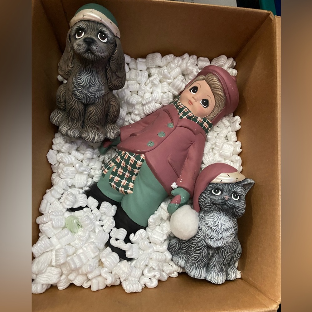 Holiday Girl, Dog & Cat Figurines